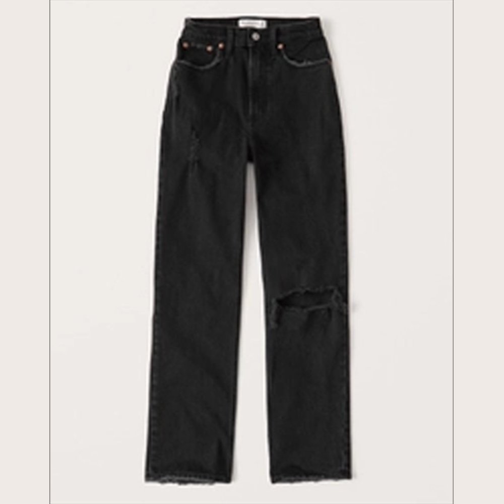 Abercrombie Ultra High Rise 90s Straight Jean Black Ripped Knee 28R
